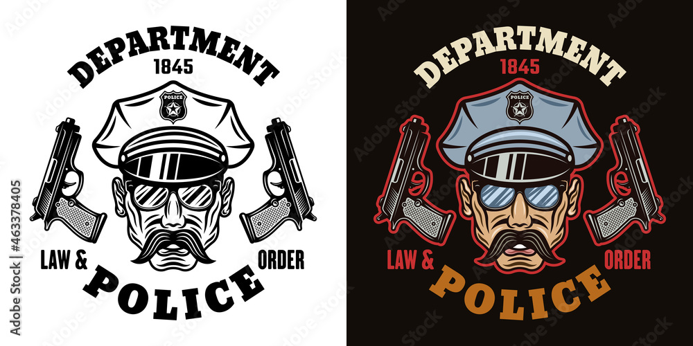 Policeman head in cap with mustache and two guns vector emblem, label, badge or logo in two styles black on white and colorful on dark background