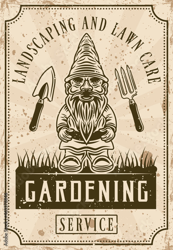 Garden care, landscaping and lawn care poster in vintage style with garden gnome figurine vector illustration