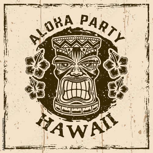 Hawaiian tiki wooden head vector vintage emblem, badge, label, logo or t-shirt print. Illustration on background with grunge textures and frame vector illustration