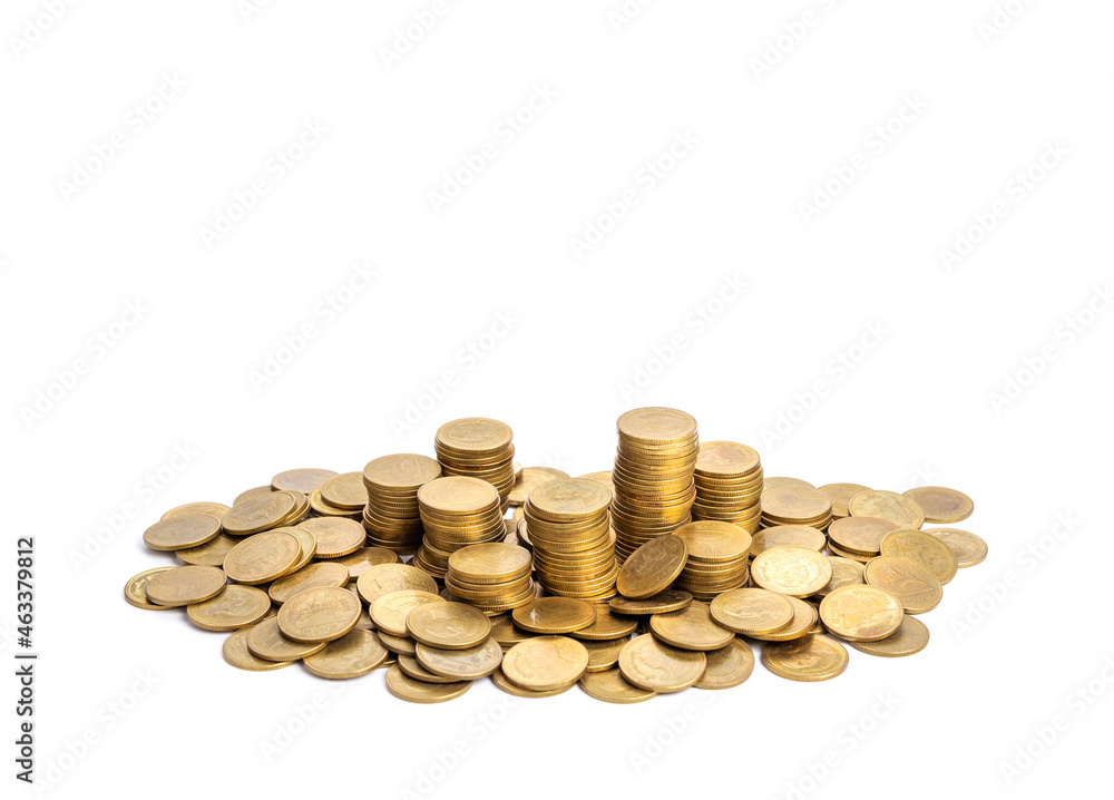 Pile of shiny golden coins on white background. Pile of shiny golden coins on white background.