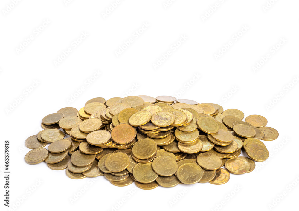 Pile of shiny golden coins on white background. Pile of shiny golden coins on white background.