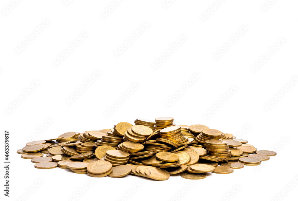 Pile of shiny golden coins on white background. Pile of shiny golden coins on white background.