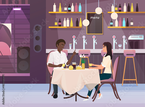 Couple having dinner in restaurant, lovers of different races have lunch. concept of multiculturalism and diversity, flat vector image