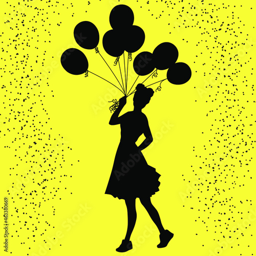 festive background, silhouette of a girl with a bunch of balloons in her hand