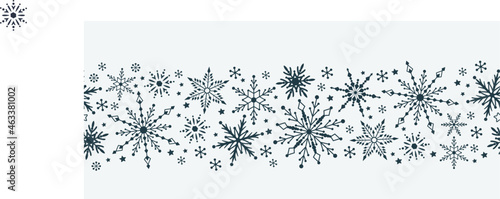 Winter seamless ornament simple vector element with snowflakes. Christmas border isolated on background.Design for banner card packing.