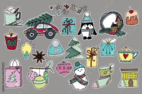 Collection of hand drawn Christmas stickers. Snowman, penguin, coffee, dessert, gift box, christmas tree, knitted hat, candle, spice, christmas balls, hot chocolate, wreath, garland.