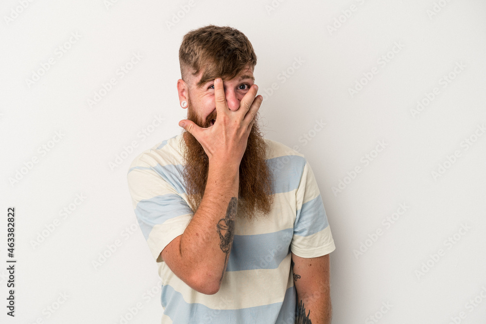 Young caucasian ginger man with long beard isolated on white background blink at the camera through fingers, embarrassed covering face. Young caucasian ginger man with long beard isolated on white background blink at the camera through fingers, embarrassed covering face.