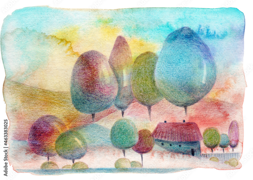 Cartoon landscape with hills, colorful trees and a small village house, made with pencils and watercolors