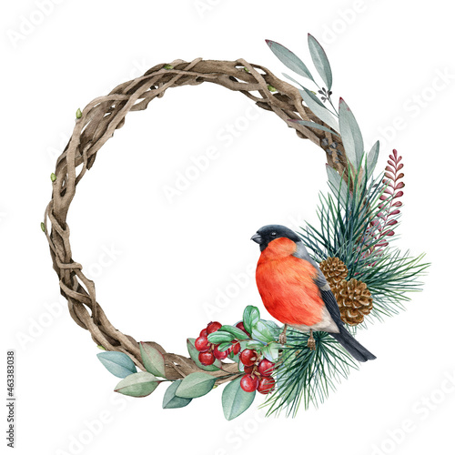 Obraz na płótnie Winter decorative wreath with bullfinch bird