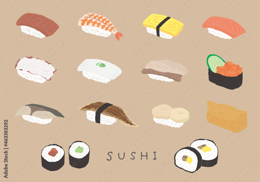 いろんなお寿司の手描きイラスト カラー 輪郭線なし Stock Vector Adobe Stock