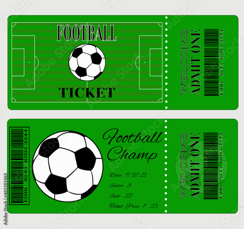 Football ticket, game ticket with ball illustration. Football ticket design template in green.
