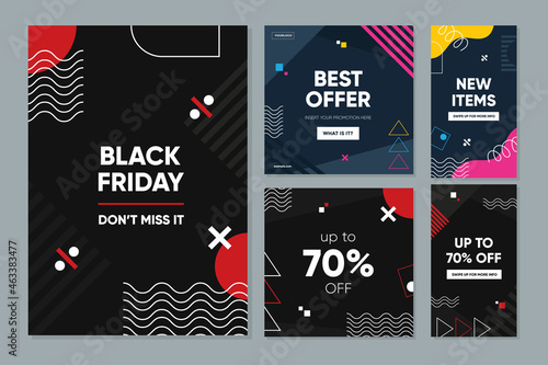 Black Friday Promotion collection banner set with abstract geometric concept. Able to use for cover book, banner, brochure, story, social media post and feed template