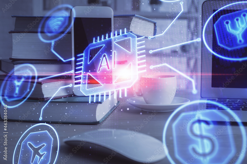 Double exposure of data theme drawing and mobile phone background. Concept of innovation Double exposure of data theme drawing and mobile phone background. Concept of innovation