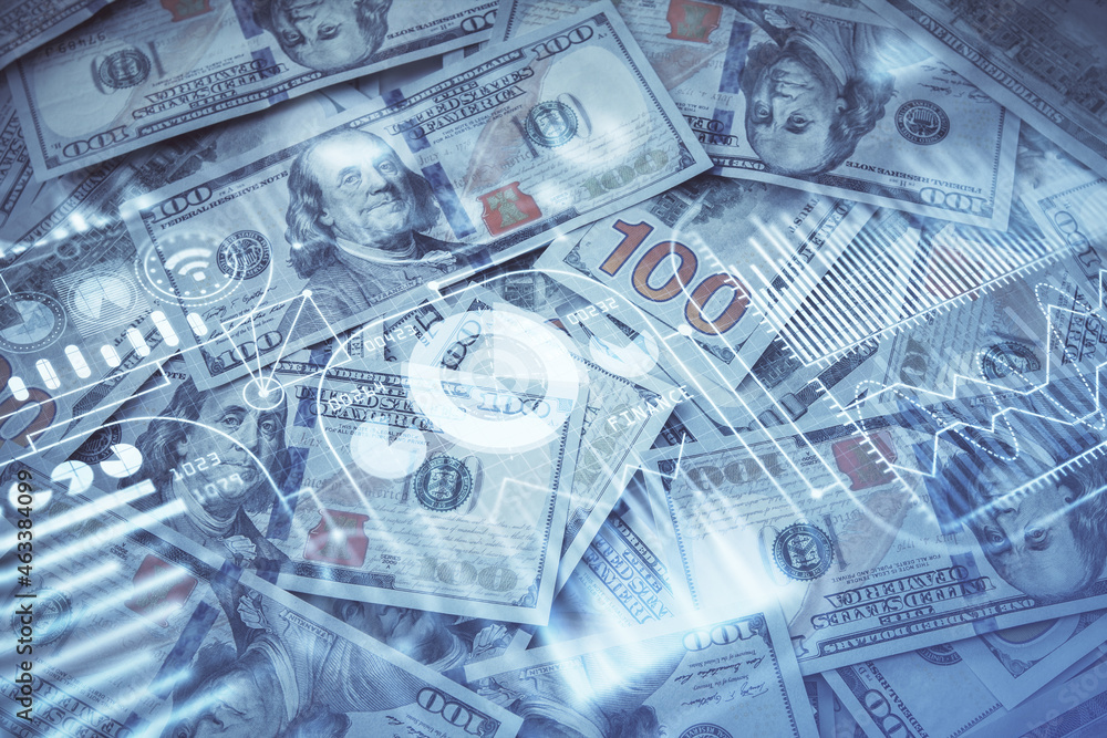 Double exposure of tech theme drawing over usa dollars bill background. Concept of technology. Double exposure of tech theme drawing over usa dollars bill background. Concept of technology.