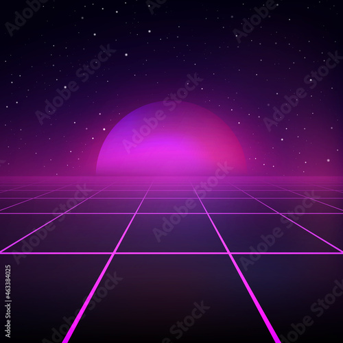 Abstract futuristic landscape 1980s style. Vector illustration. Retro Sci-Fi background.