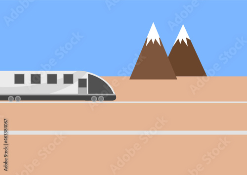 Fast train going to the front of the far distance of the snowy mountains
