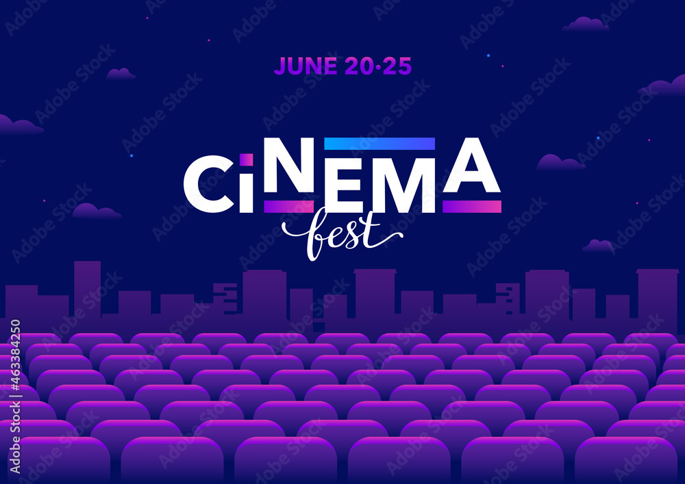 Horizontal bright color cinema festival template with color graphic elements and text. Vector illustration. - obrazy, fototapety, plakaty 