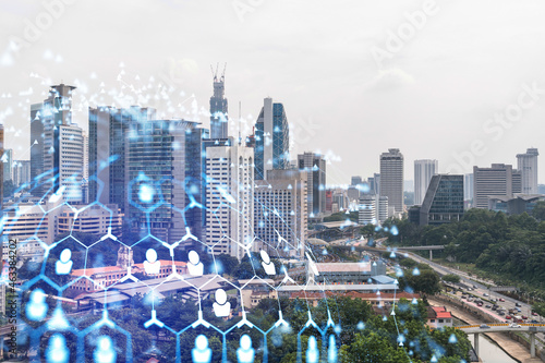 Photography Social media icons hologram over panorama city view of Kuala Lumpur, Malaysia, Asia