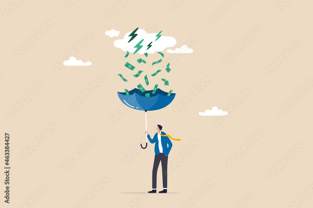 Make money idea, passive income or profit and dividends from stock market investment, financial success concept, rich businessman using umbrella to collect falling money from investment thunderstorm. Make money idea, passive income or profit and dividends from stock market investment, financial success concept, rich businessman using umbrella to collect falling money from investment thunderstorm.