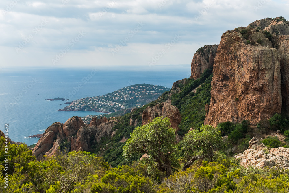 Beautiful Panoramic Views on the mountains from the top of Cap Esterel. Hiking Adventures. Rocky Mountains. Provence, South of France.