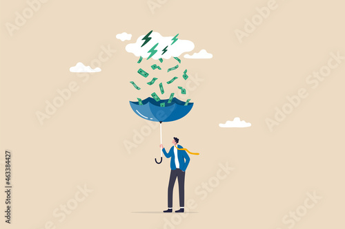 Make money idea, passive income or profit and dividends from stock market investment, financial success concept, rich businessman using umbrella to collect falling money from investment thunderstorm.