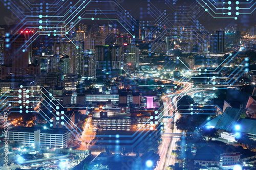 Canvas Print Information flow hologram, night panorama city view of Kuala Lumpur