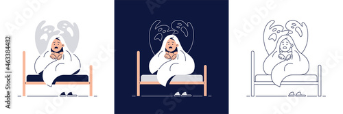 Nightmares in Children vector illustration set. Scared boy hides under blanket from ghost, frightened of monster from bad dream.Childish fears, kids nightmares concept collection for web flat design