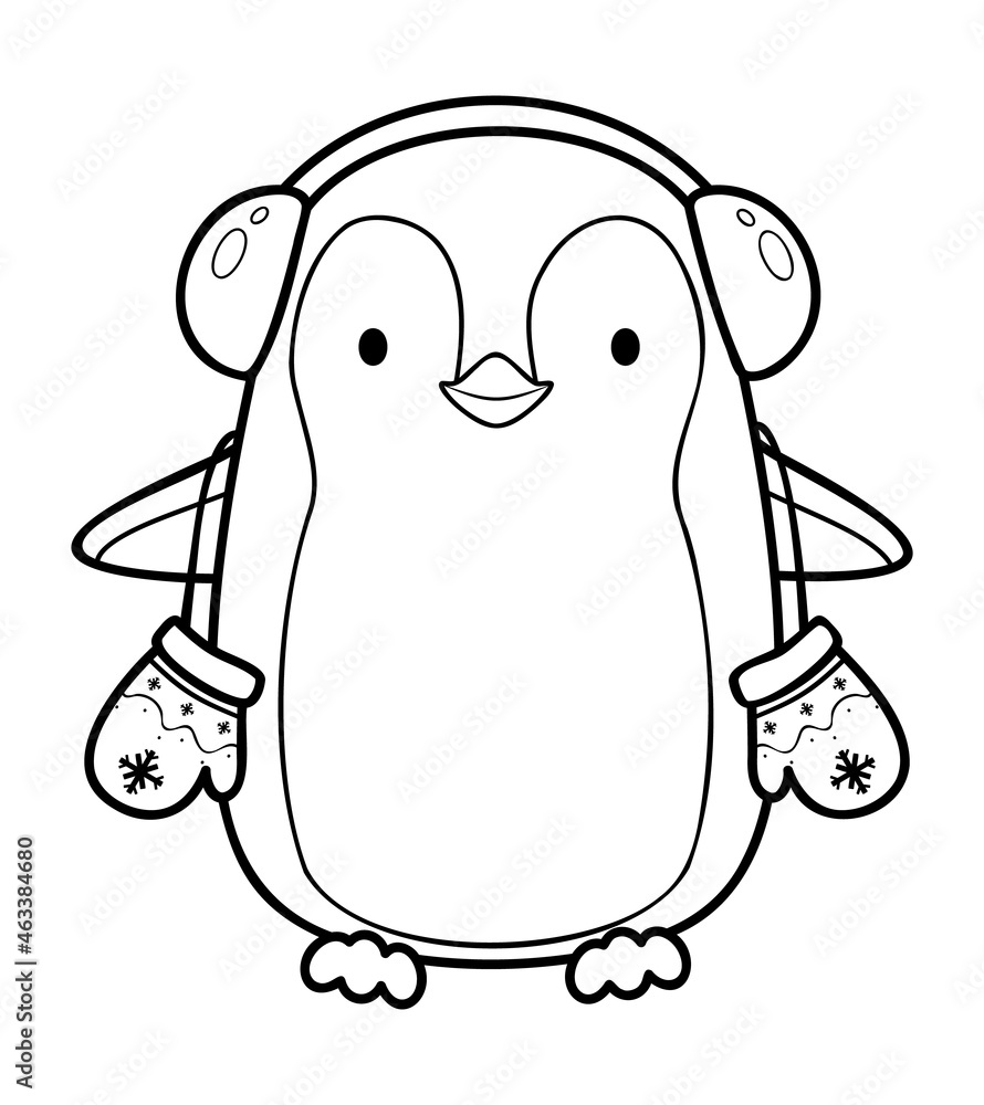 Obraz premium Christmas coloring book or page. Christmas penguin black and white vector illustration