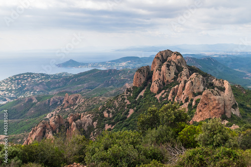 Beautiful Panoramic Views on the mountains from the top of Cap Esterel. Hiking Adventures. Rocky Mountains. Provence, South of France.