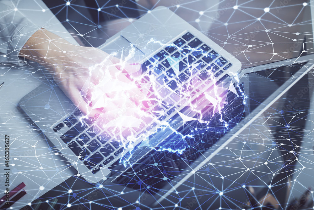 Multi exposure of woman hands working on computer and human brain hologram drawing. Ai tech concept. Multi exposure of woman hands working on computer and human brain hologram drawing. Ai tech concept.