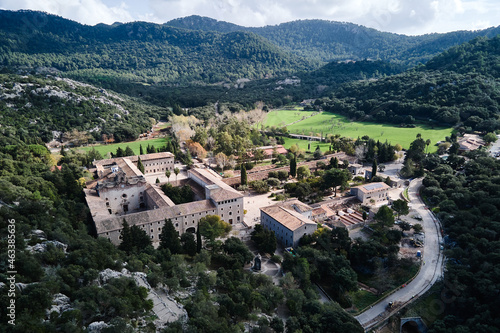 Toma aérea de Lluc, su monasterio y hermita tradicional en Mallorca photo
