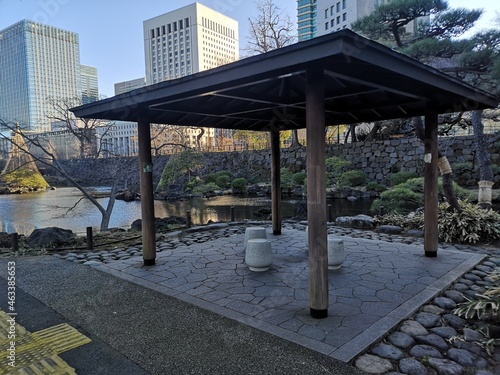 river in the city of Tokyo with park and trees