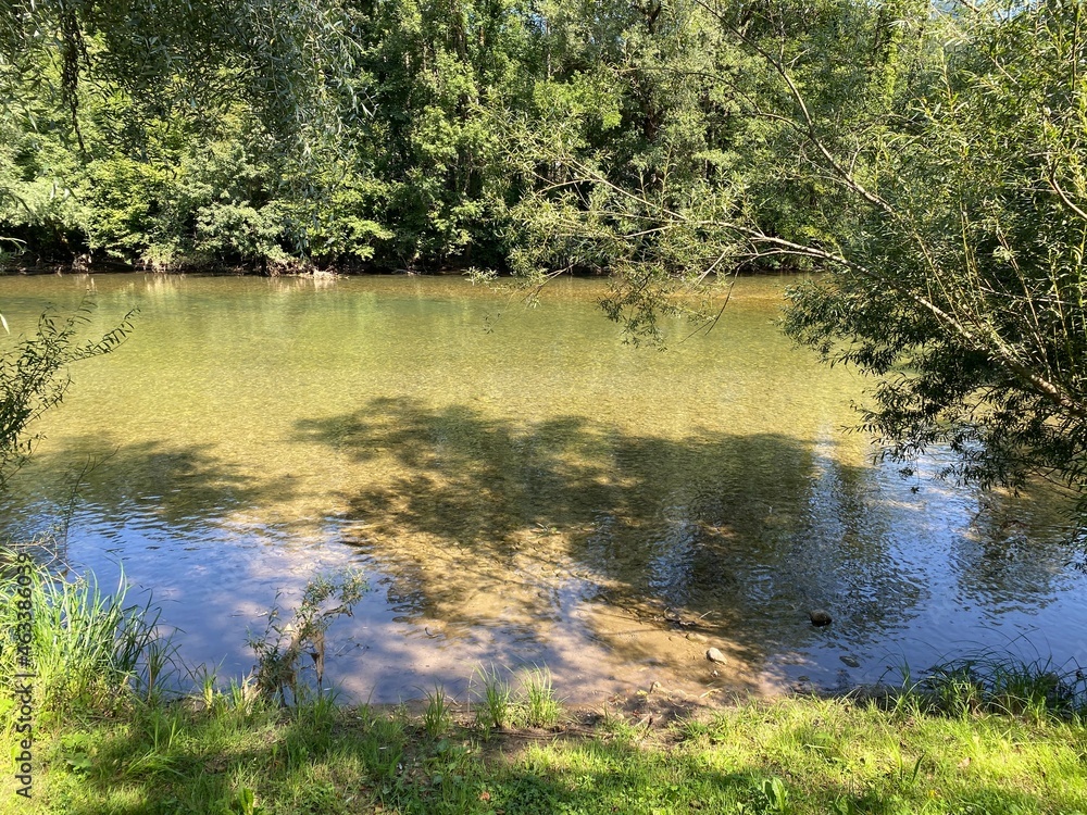 Kupa River and the territory of the neighboring Republic of Slovenia in Brod na Kupi - Gorski kotar, Croatia (Goranska rijeka Kupa i teritorij susjedne Republika Slovenije u Brodu na Kupi - Hrvatska) - obrazy, fototapety, plakaty 