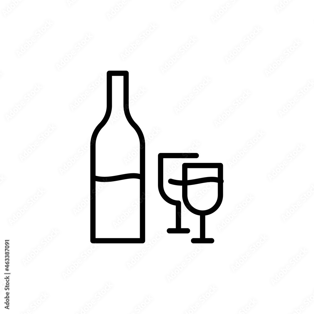 Wine bottle with two glasses line icon. Editable stroke. Minimal kitchen illustration. Concept of simple pictogram for alcoholic bewerage Wine bottle with two glasses line icon. Editable stroke. Minimal kitchen illustration. Concept of simple pictogram for alcoholic bewerage
