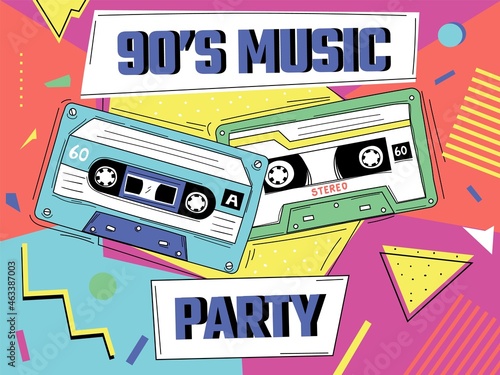 Retro music background. 90s graphic banner with vintage audio cassette. Pop disco party poster. 80s musical entertainment. Mixtapes and bright geometric shapes. Vector trendy art wallpaper