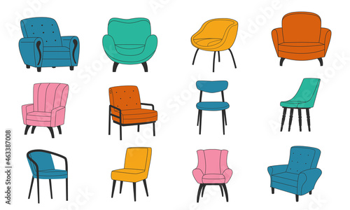 Chair collection. Doodle cozy armchair for relaxation. House decoration. Interior furniture element. Comfortable seat with bright upholstery and armrests. Vector hand drawn furnishing set