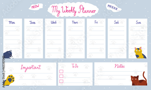 Cute to do list. Paper agenda page with decoration and weekly planner. Memo template. Reminder and organizer design with funny cats. Scrapbook and school journal. Vector diary sheets set