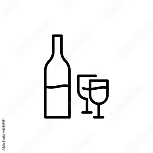 Wine bottle with two glasses line icon. Editable stroke. Minimal kitchen illustration. Concept of simple pictogram for alcoholic bewerage photo
