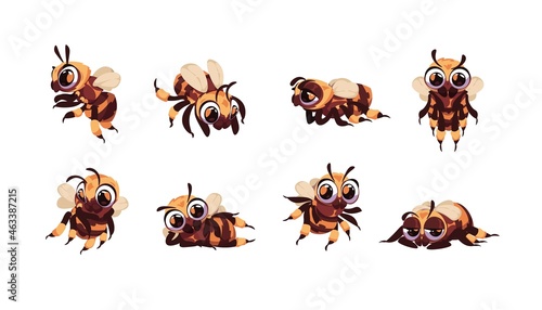Cartoon bee. Bumblebee smiley mascot character standing and lying. Funny flying insect buzzing. Happy hornet and wasp bug. Cute striped animal with wings. Vector cheerful bumble set