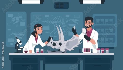 Scientists with fossil in lab. Archeology and paleontology explorers examining prehistoric bone. Man and woman explore dinosaur skeleton. Vector professors in university laboratory