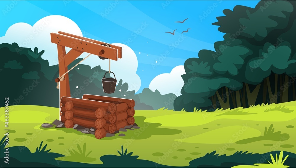Landscape with water well. Cartoon village background with bucket and  traditional pit made of stone or wood. Nature scenery. Forest and green  lawn. Vector summer country rustic panorama Stock Vector | Adobe
