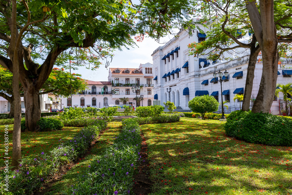 Colorful streets and monuments in old city of Panama City, Panama. 