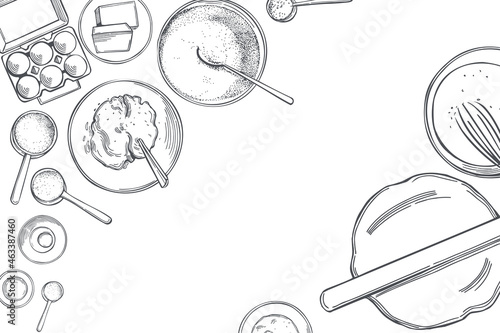  Vector background with dough ingredients. .