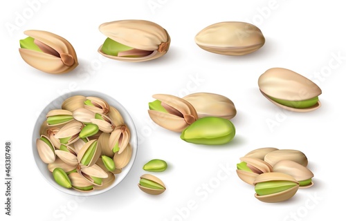 Realistic pistachio. 3D roasted nut in shell. Closeup mockup for package design and healthy food advertising. Single or heaps of green seeds. Vegetarian snack. Vector meal ingredients set