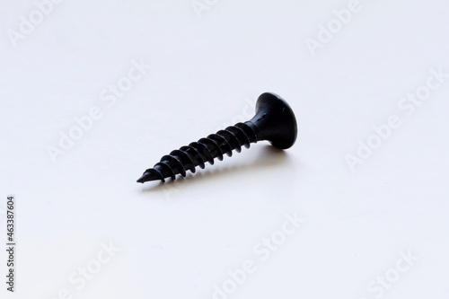 Single black screw laying on white underground
