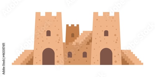 Cartoon sand castle. Beach recreation. Sandy fortification construction with towers and stairs. Summer vacation activity. Kids game at sea coast. Childish fortress. Vector sandcastle
