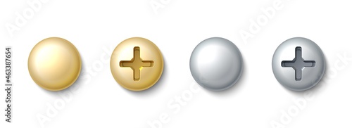 Realistic bolt heads. Stainless steel nails. Golden and silver rivet with cross carving. Metal nut cap. Isolated glossy screw top. Metallic hardware elements. Vector construction tools set