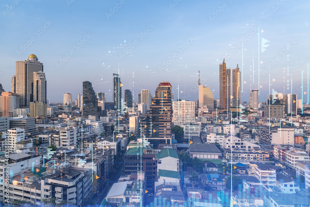 Fototapeta premium Glowing FOREX graph hologram, aerial panoramic cityscape of Bangkok at sunset. Stock and bond trading in Southeast Asia. The concept of fund management. Double exposure.