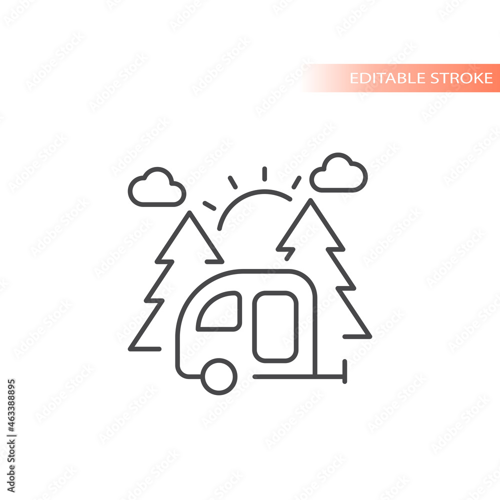 Camper trailer in nature with trees and sun. Camping line vector icon, outline caravan.