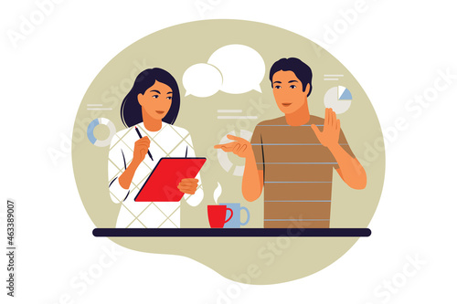 Taking notes concept. Woman taking notes. Vector illustration. Flat.